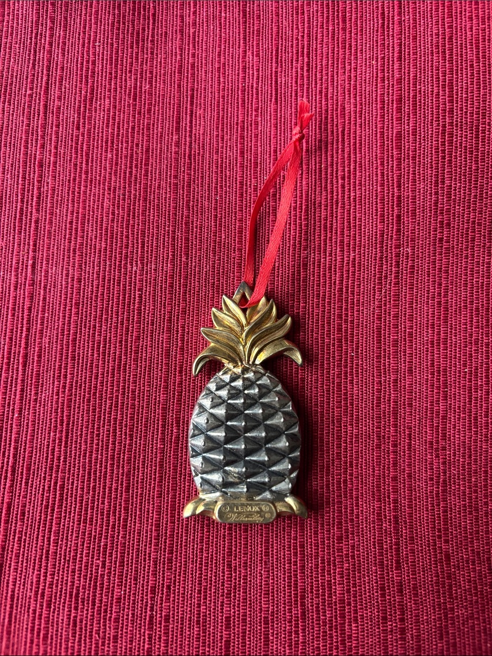 Lenox Gold & Silver Pineapple Ornament with Red Ribbon